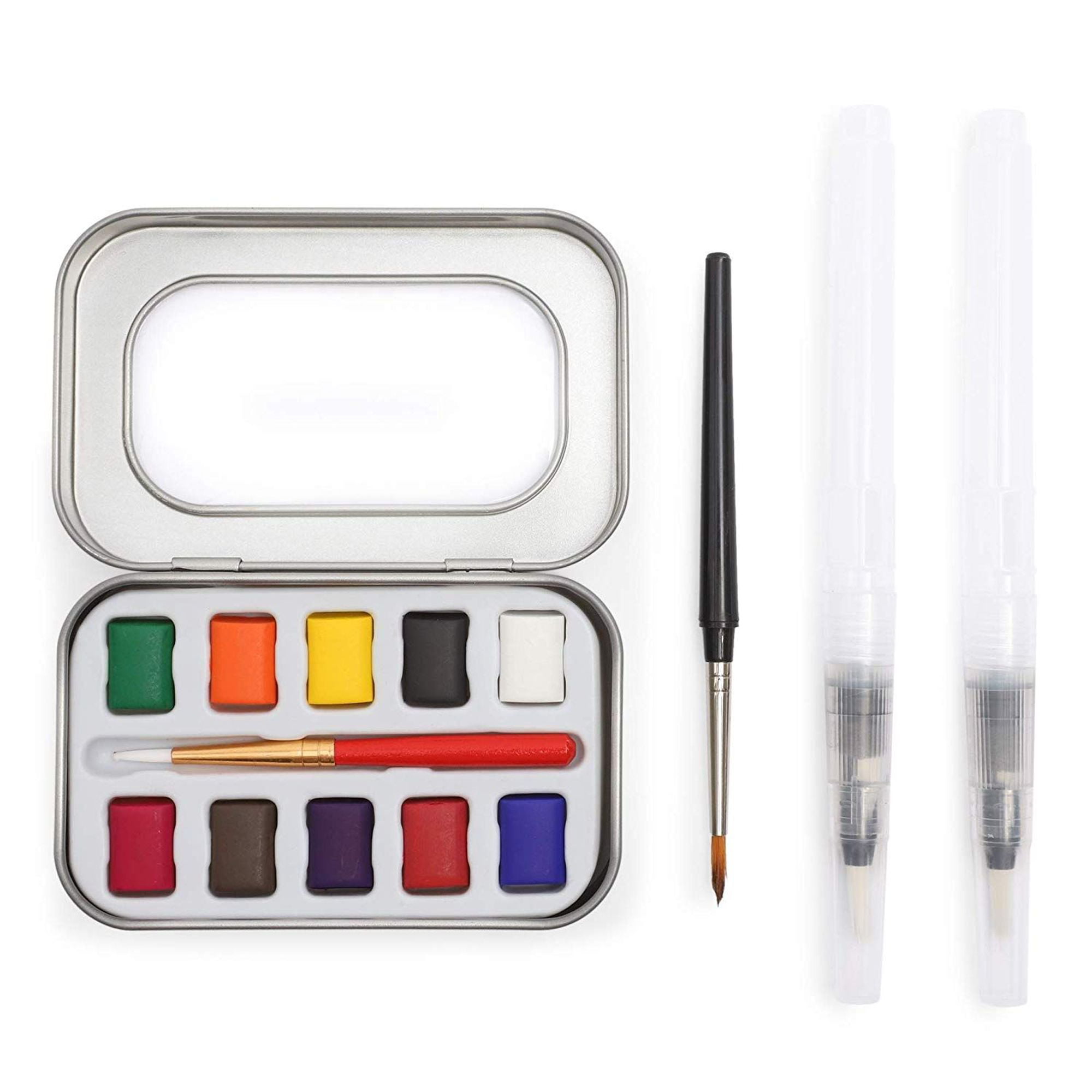 Assorted Water Colors Travel Pocket Set with 2 Brushes and