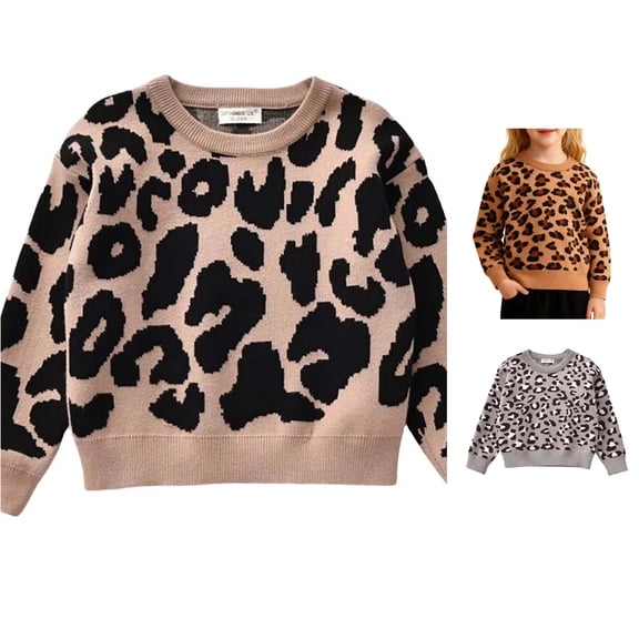 LIIPEE Leopard Graphic Knit Sweater For Girls Long Sleeve Cute Warm Pullover Kids Autumn Winter Cozy Soft Everyday Casual Sweaters,5-6 Years