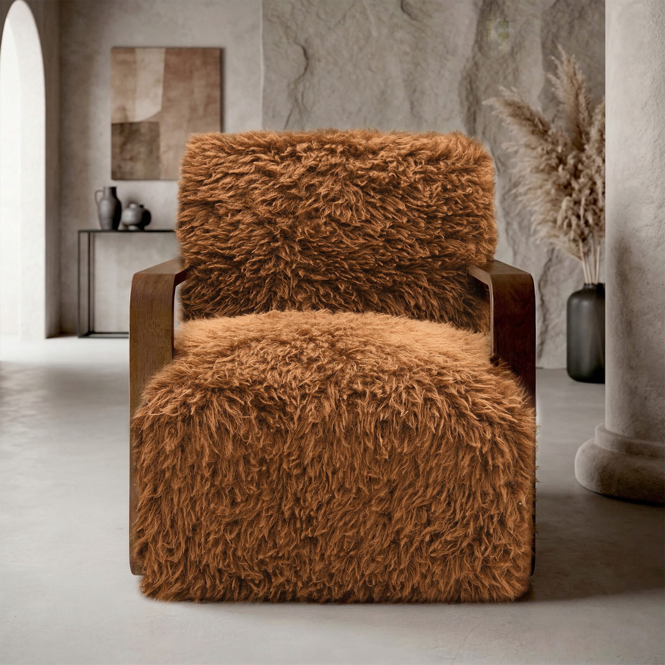 Aenkyo Yeti Contemporary Faux Fur Accent Chair with Dark Walnut Wood Arms, Orange