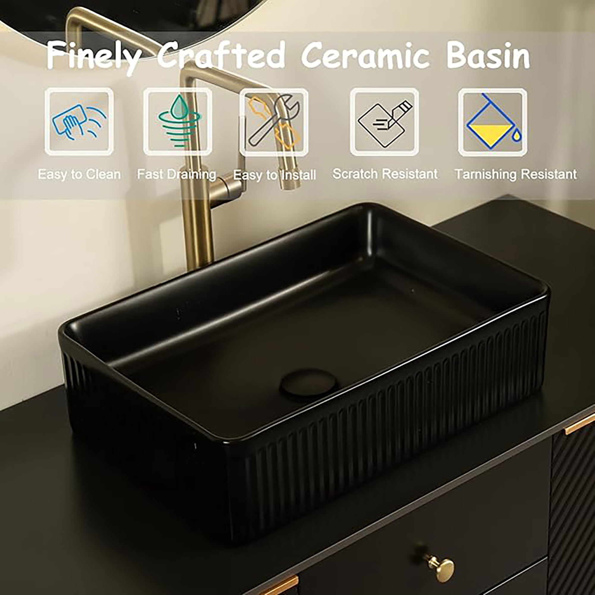 Wohh 20" Rectangular Bathroom Sink Black Ceramic Vessel Vanity Basin with French Stripe Design, 19.69"x13.39"x5.12" Countertop Porcelain Sink for Modern Home & Commercial Use