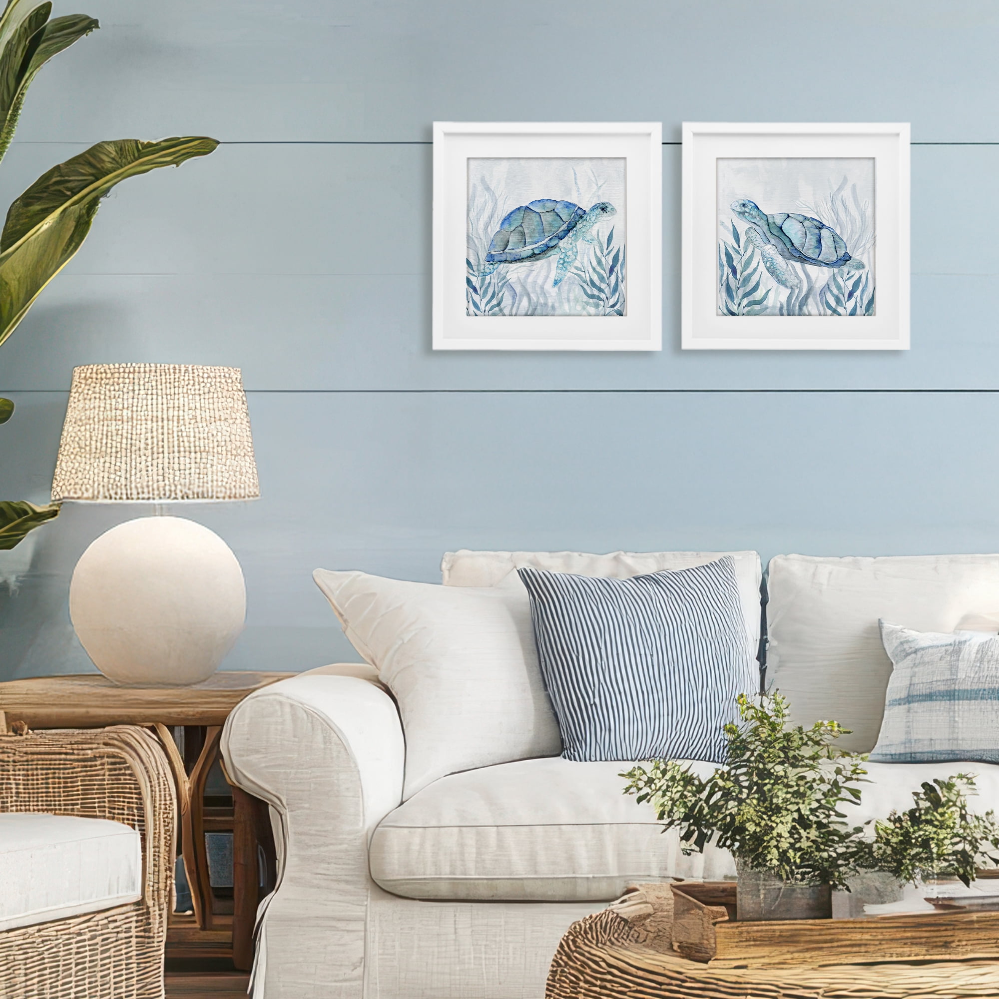 Stupell Industries Subtle Smiling Sea Turtles 2 Piece White Framed Print Under Glass Set, design by Janet Tava