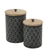 DecMode 11", 9"H Black Metal Geometric Decorative Jars with Wood Lids, 2-Pieces