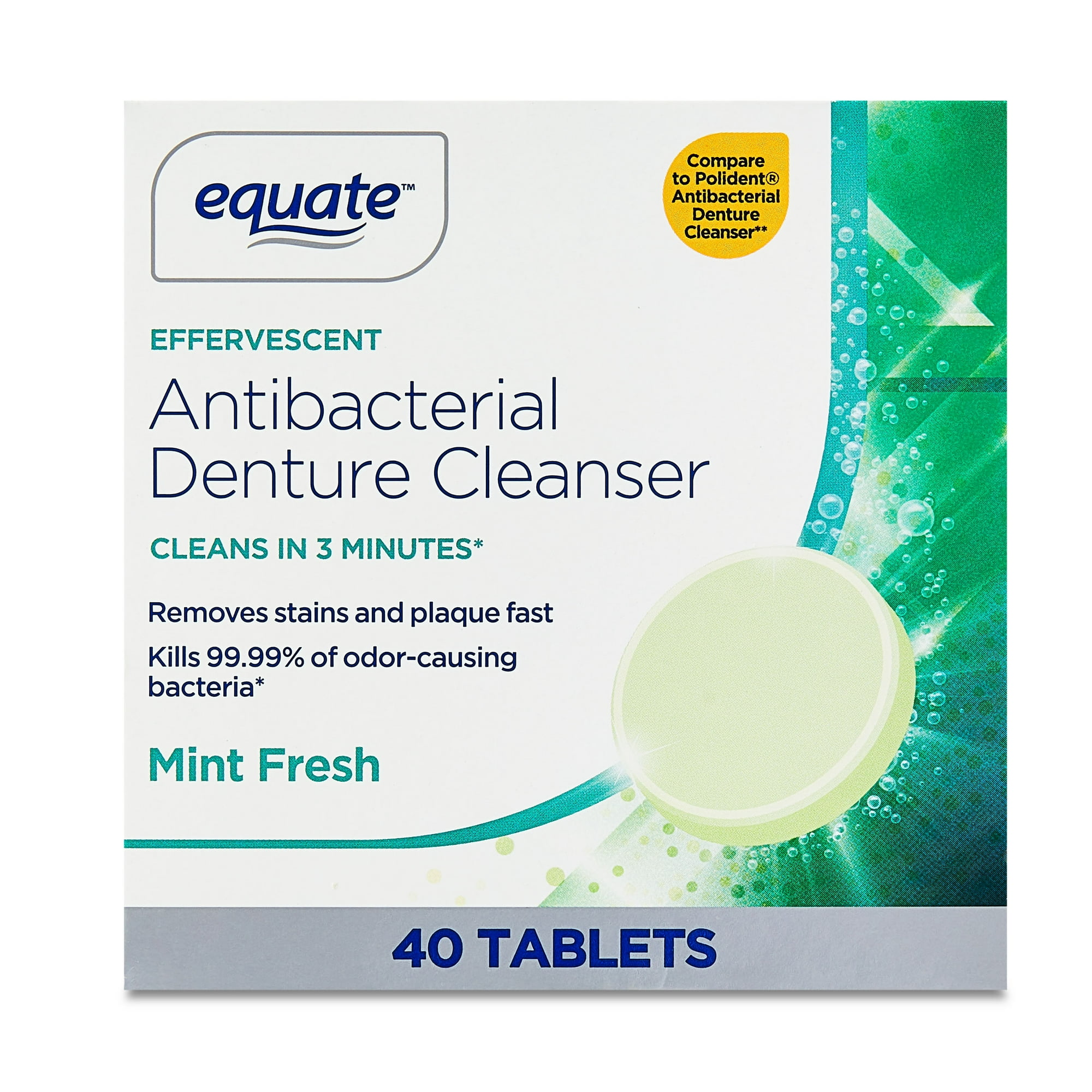 Equate Effervescent Antibacterial Denture Cleanser Tablets, Mint Fresh, 40 Count