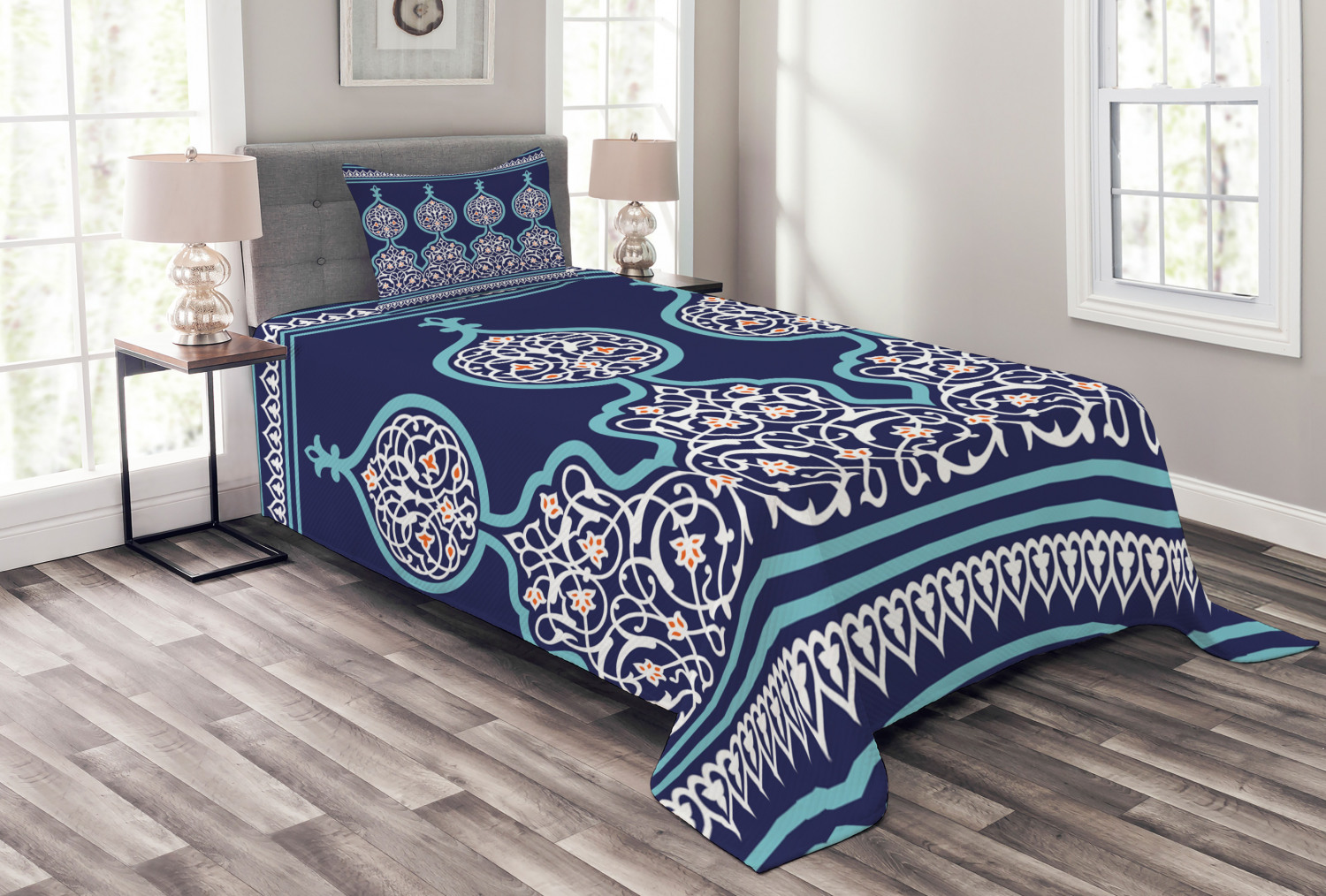 Moroccan Bedspread Set Twin Size, Bohemian Style Ancient Middle Eastern