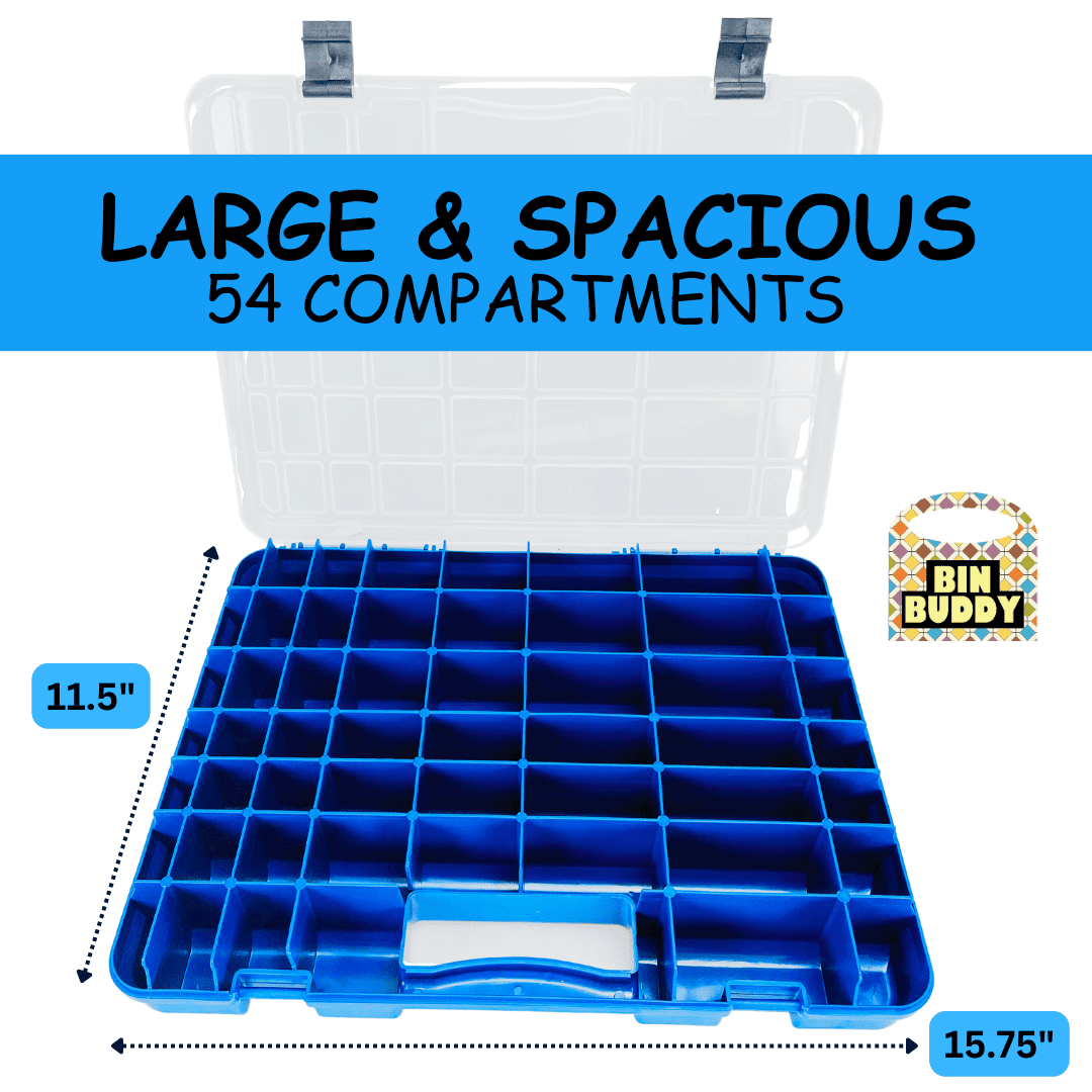 BIN BUDDY 54-Compartment Plastic Storage Box - Versatile Organizer for Jewelry, Crafting, Fishing Tackle, Small Tools, and More