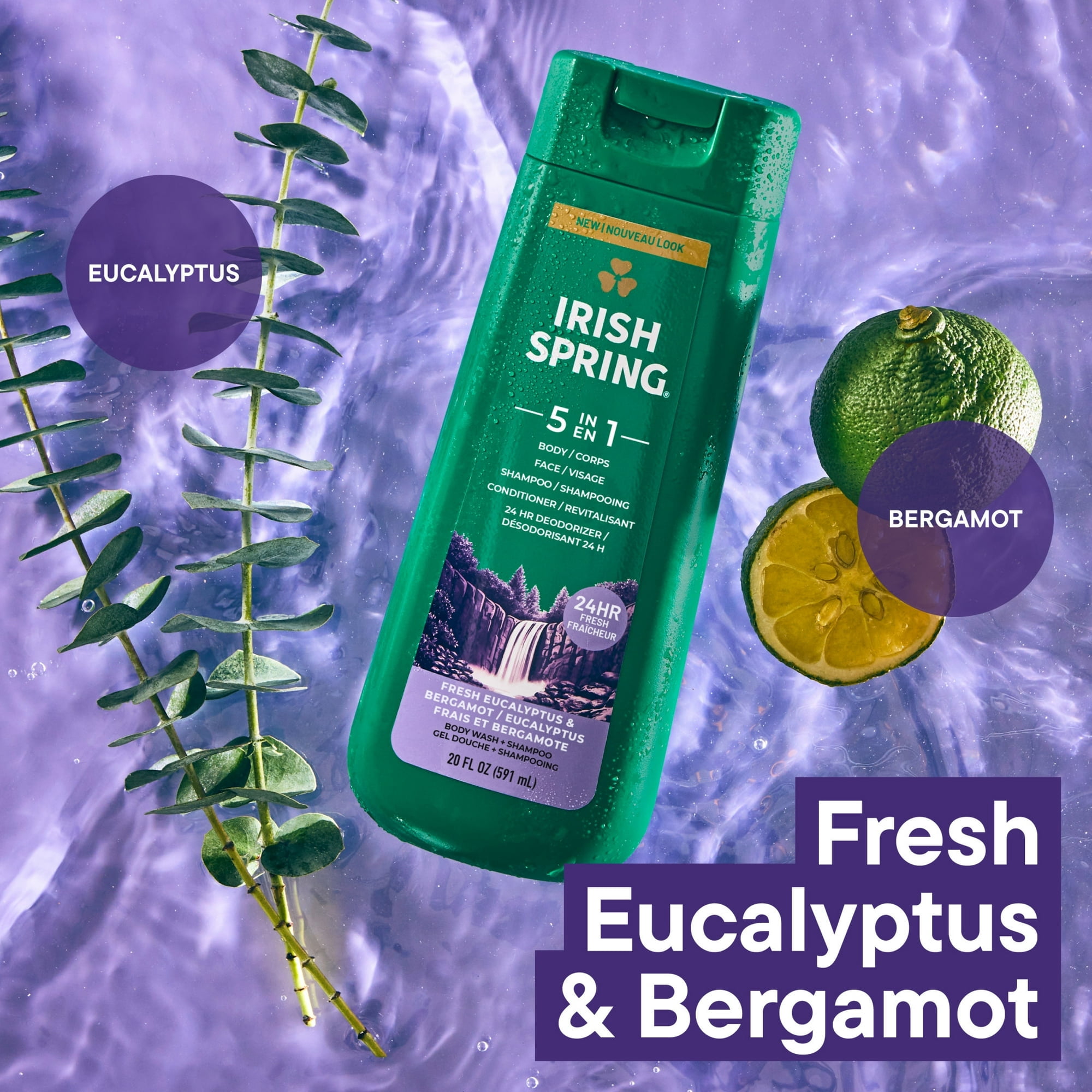 Irish Spring 5 in 1 Moisturizing Body Wash for Men, Fresh Eucalyptus & Bergamot, 20 fl oz - 2 Pack