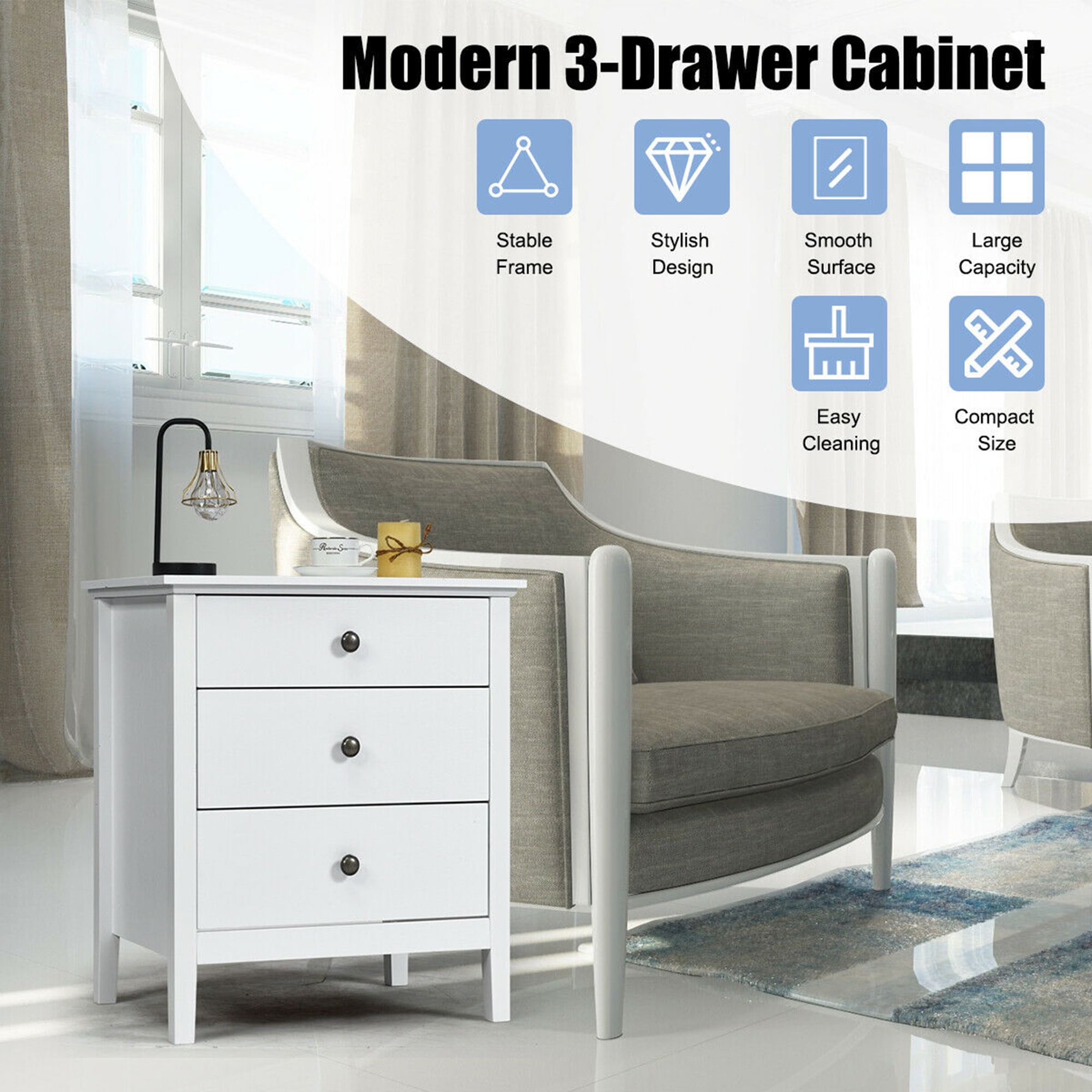 Gymax Accent Table Organizer Nightstand Beside End Side Table W/3 Drawers White