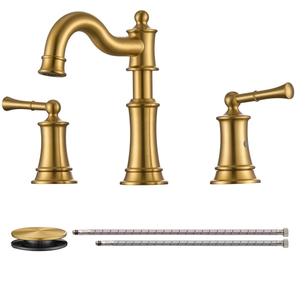 Wowkk Sanitary Ware 8 Inch Widespread Bathroom Sink Faucet, Bathroom Faucets 3 Hole With 360° Swivel Spout and Pop-Up Drain, Modern 2 Handle Vanity Faucet for Bathroom RV Farmhosue, Brushed Gold