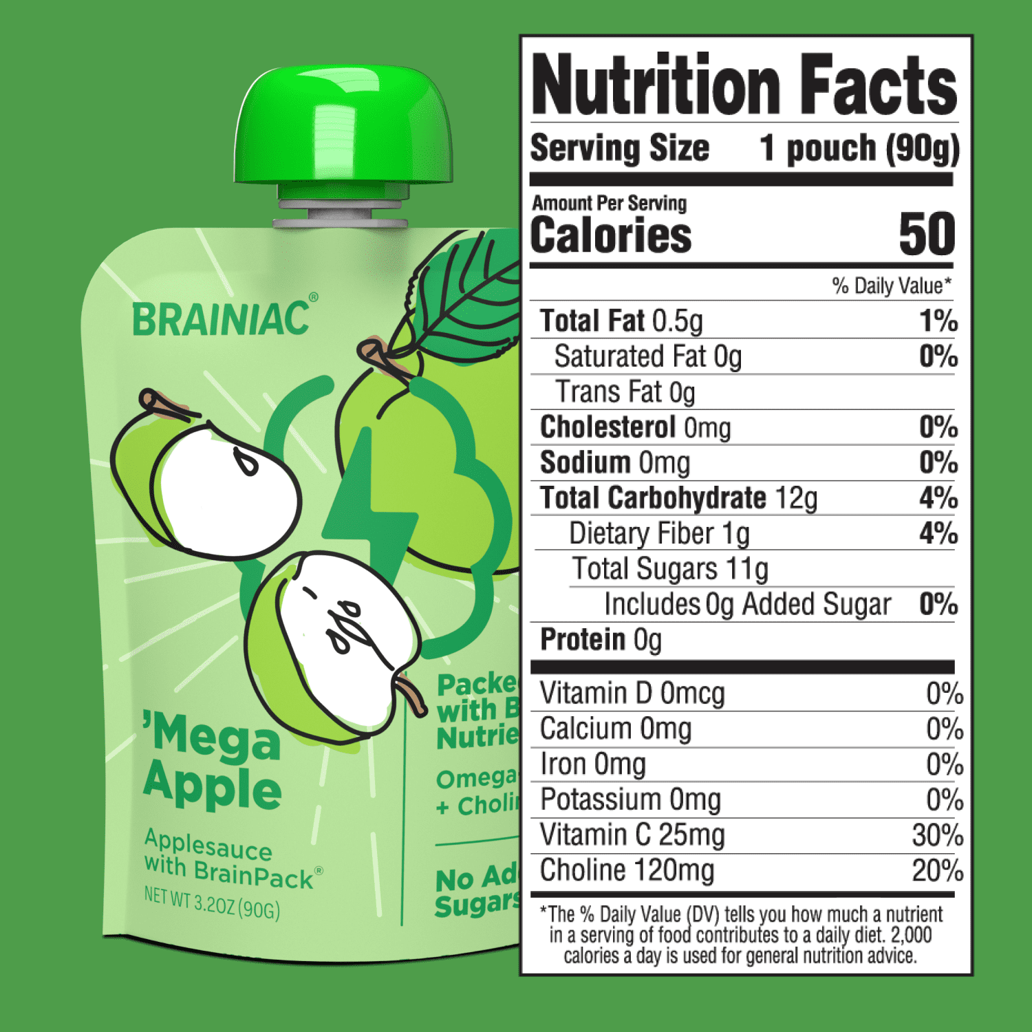Brainiac Omega-3 Applesauce, Apple, No Sugar Added, 3.2 oz, 40 Ct