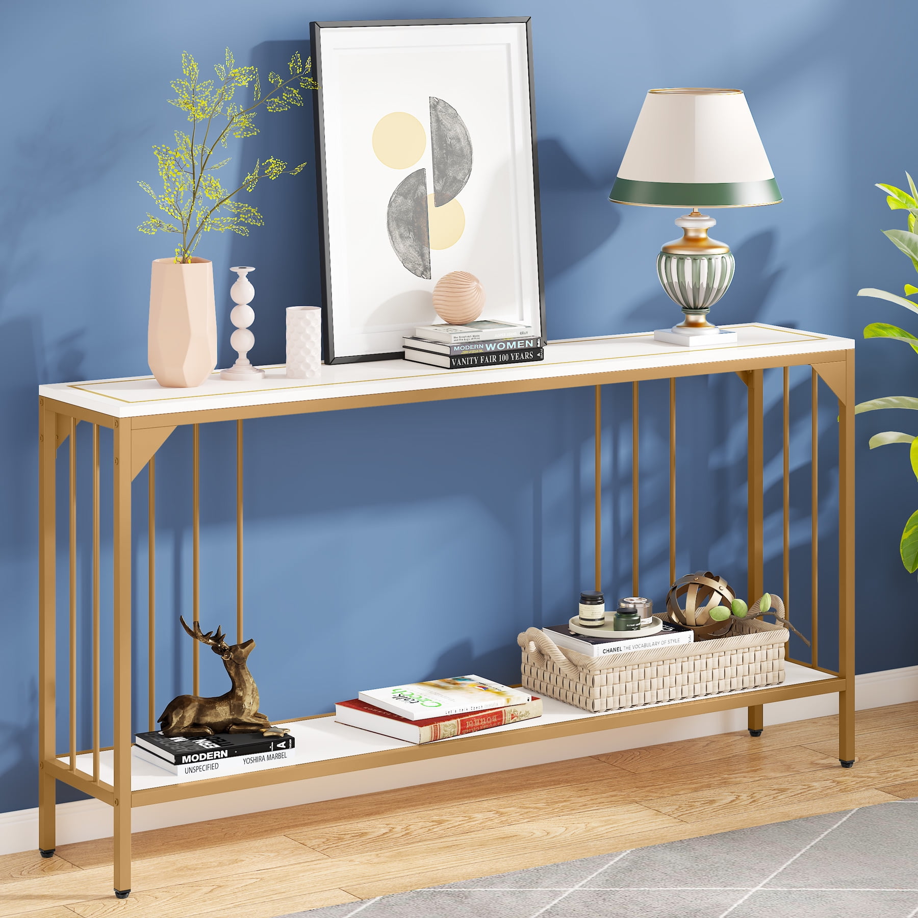 Tribesigns 70.9 Inch Extra Long Console Table, Modern Narrow Sofa Table, White and Gold Entry