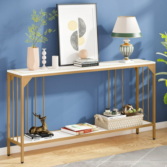 Tribesigns 70.9 Inch Extra Long Console Table, Modern Narrow Sofa Table, White and Gold Entry Table Behind Couch Table with Open Storage Shelf, Entryway/Hallway Table for Living Room