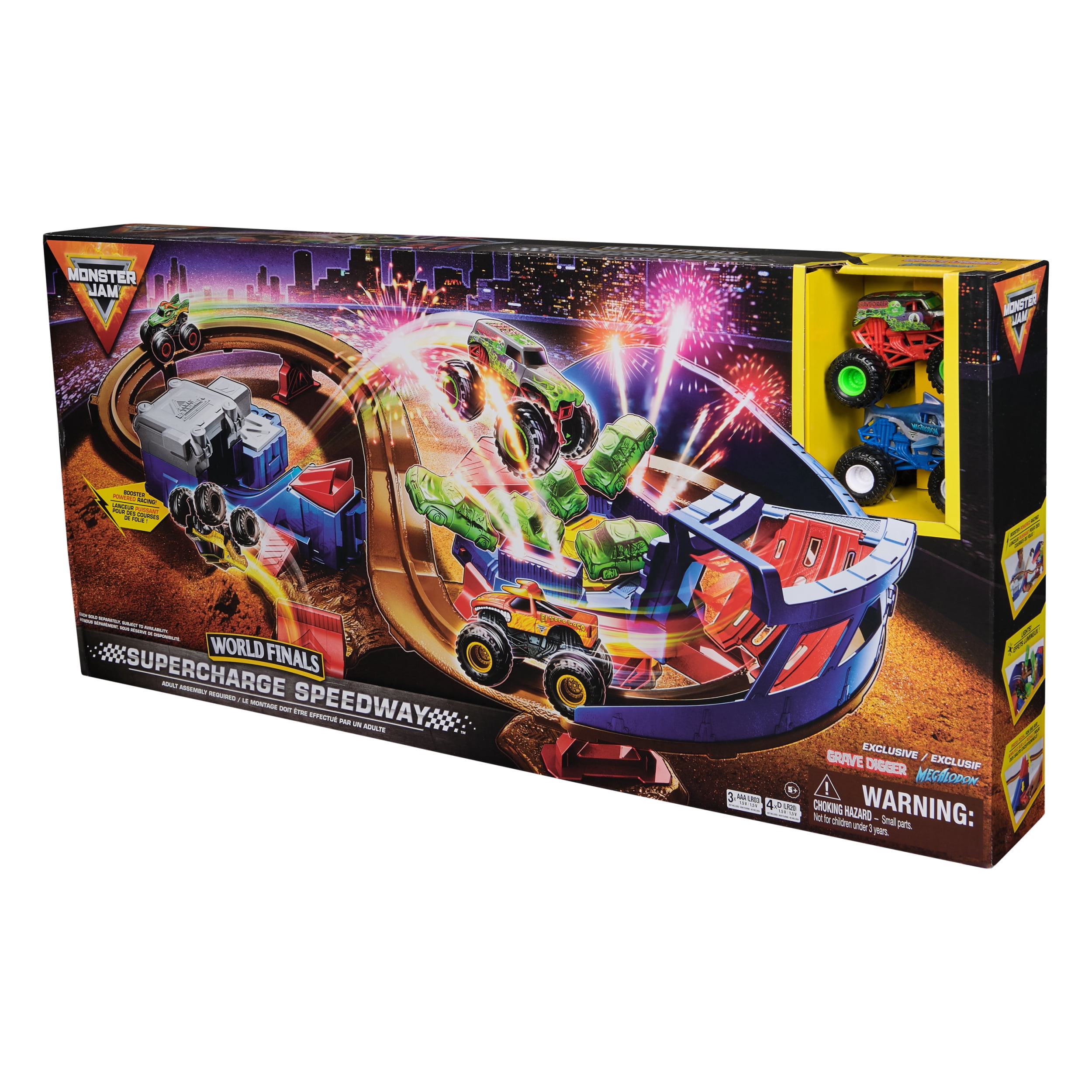 Monster Jam, Coffret Supercharge Speedway avec monster trucks Megalodon et El Toro Loco en métal moulé à l'échelle 1:64 , circuit lumineux Monster Jam World Finals, jouets pour enfants garçons à parti Monster Jam