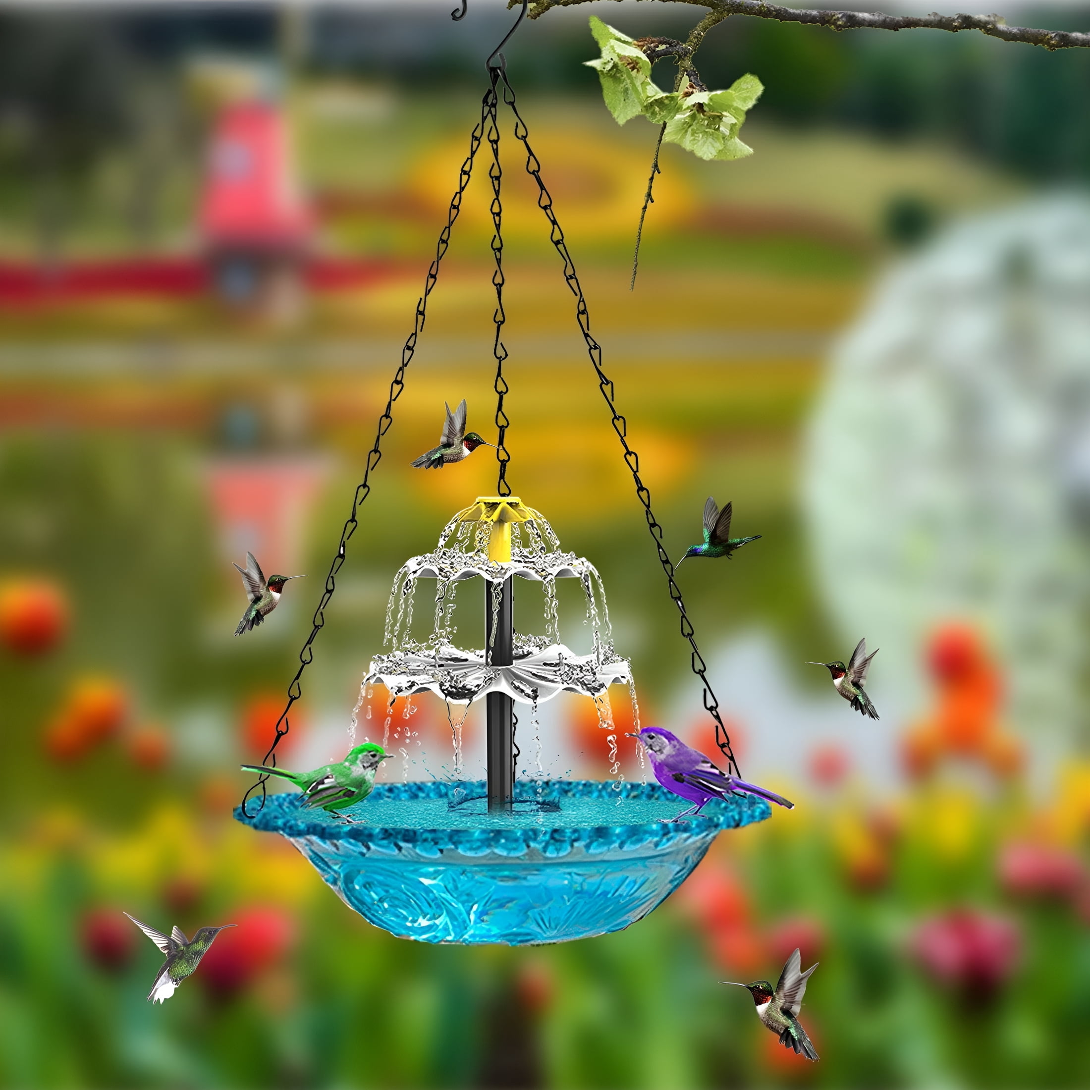ACDANC 2026 New Solar Cascade Hanging Bird Bath Fountain, Solar Bird Bath Fountains, Hummingbird Water Fountain with Solar Pump Glass Bowl for Garden Yard Patio Backyard Decoration
