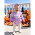 thumbnail image 5 of RUINIXCW Newborn Baby Girls Halloween Outfit Gingham Plaid Bubble Romper Long Sleeve Ghost Witch Hat Pumpkin Print Smocked Bodysuit Playsuit with Headband, 5 of 9