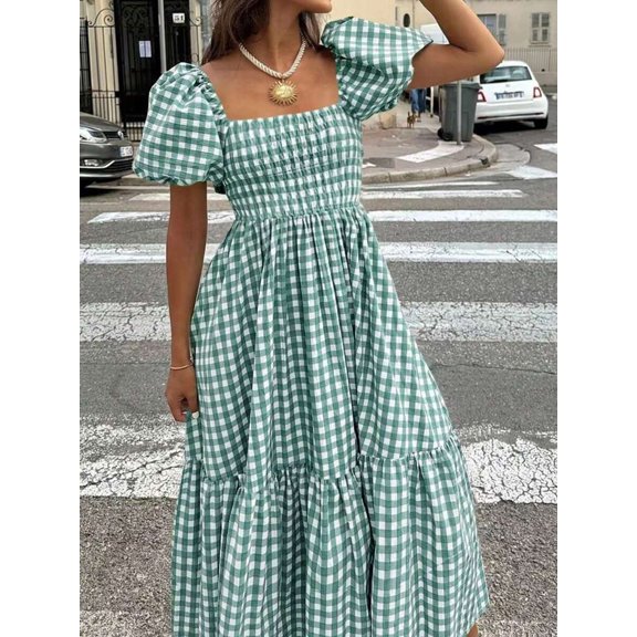 Aqua Green Plaid Square Neck Puff Sleeve Tiered Midi Dress For Women