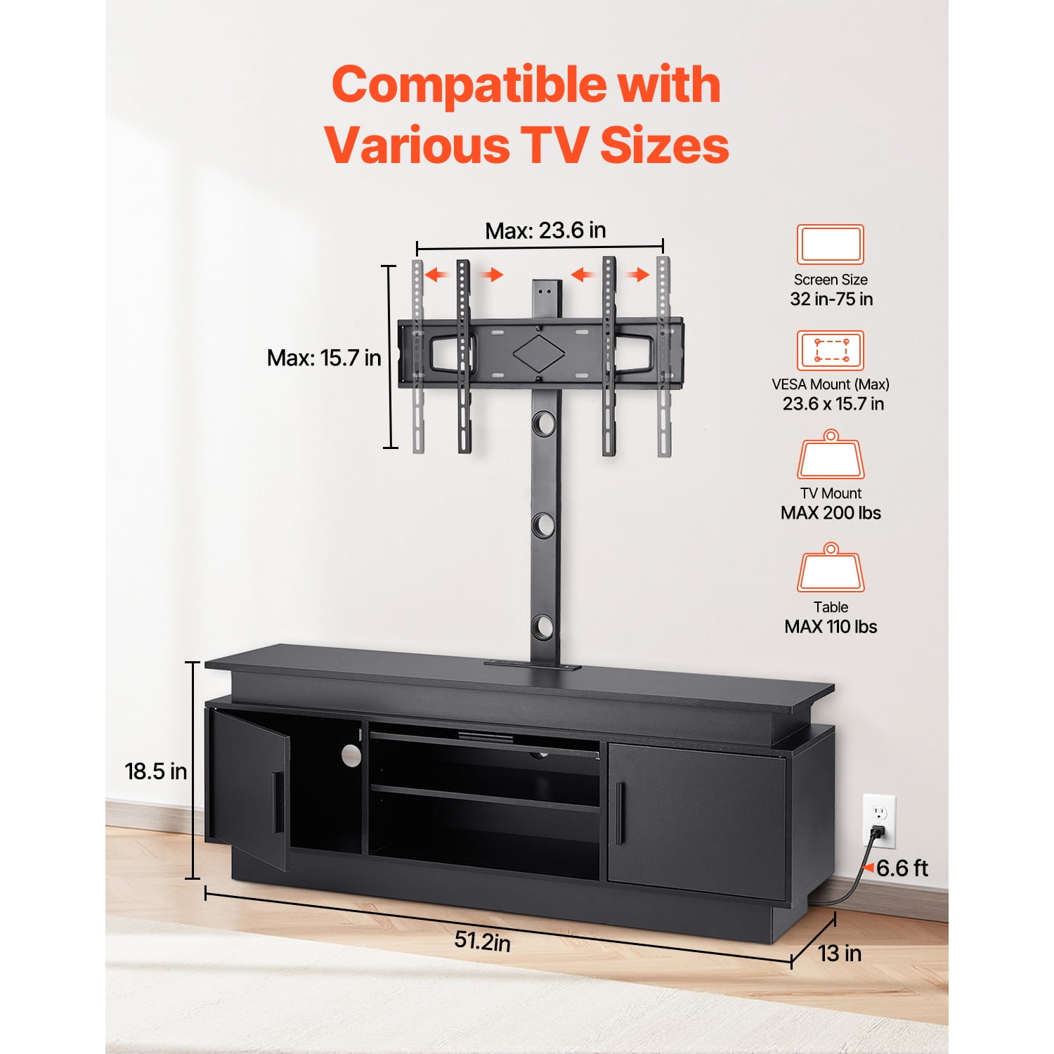 KFFKFF 52" Television Stand with LED Lights, Suits 75" TVs, Entertainment Hub with Electrical Outlet, Adjustable Height TV Stand with Mount