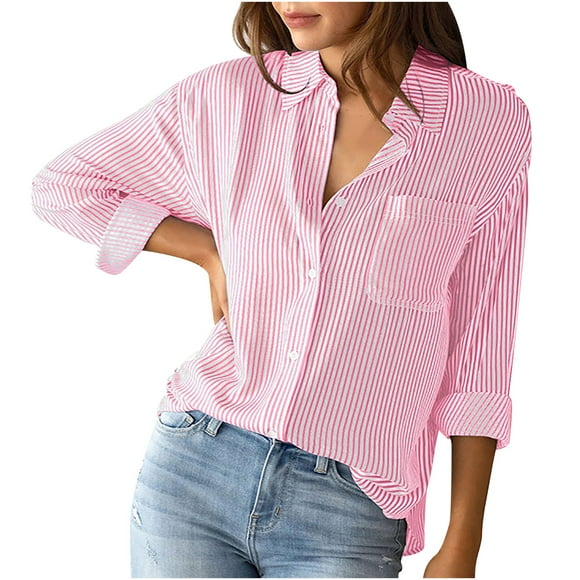 Lolmot Women Casual Fashion Long Sleeve Turndown Collar Button Print Blouses T-shirt