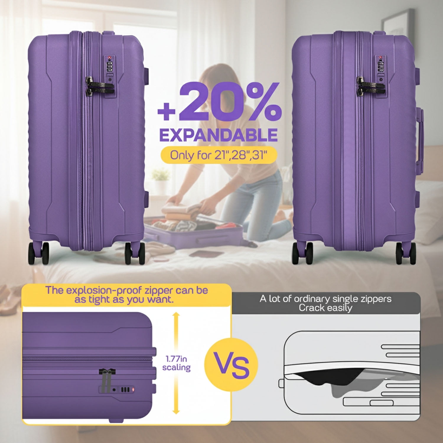 20" Carry On Luggage Airline Approved,Hardshell Suitcases with Spinner Wheels & TSA Lock,Lightweight Expandable Rolling Luggage, Purple - DQ135