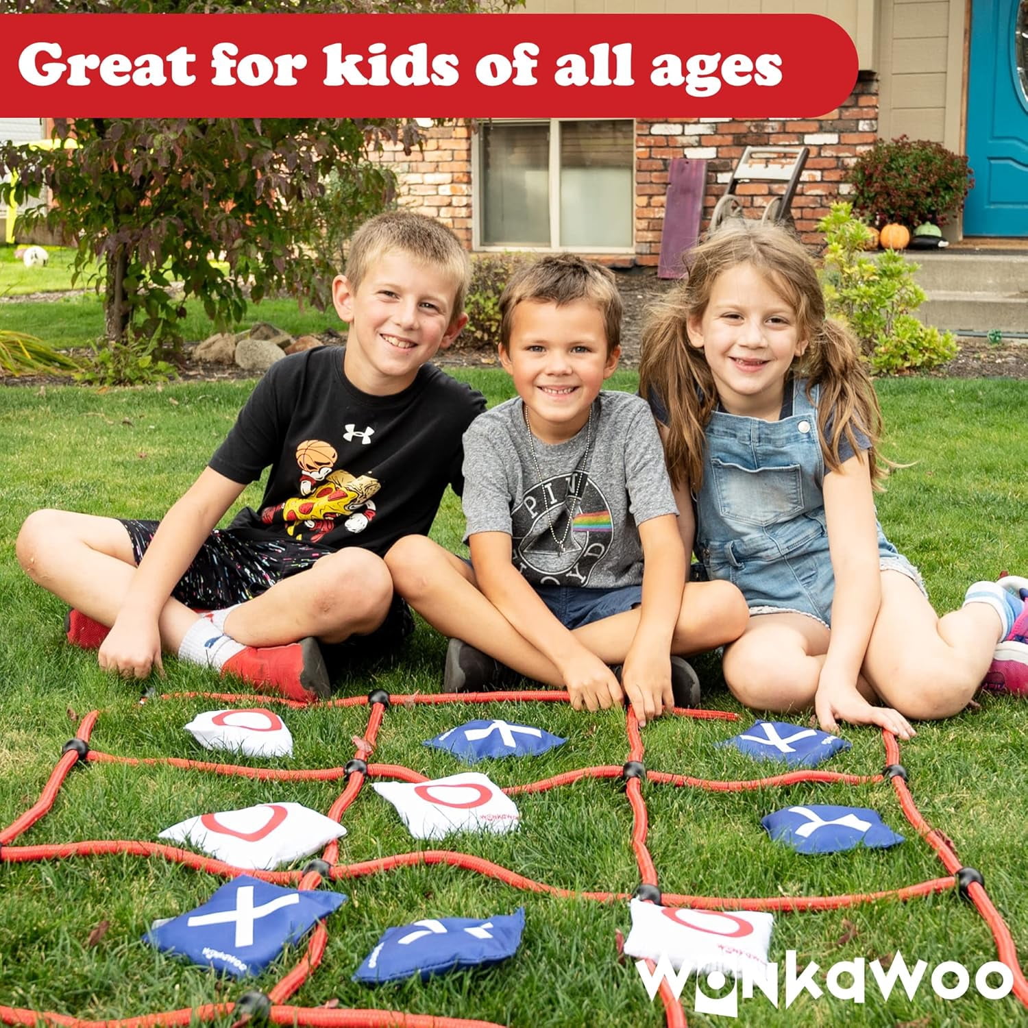 WonkaWoo Giant Tic Tac Toe Bean Bag Toss Game Playset, Large 3 ft x 3 ft Tic Tac Toe Rope Grid, Outdoors Lawn Yard Game for Family and Kids