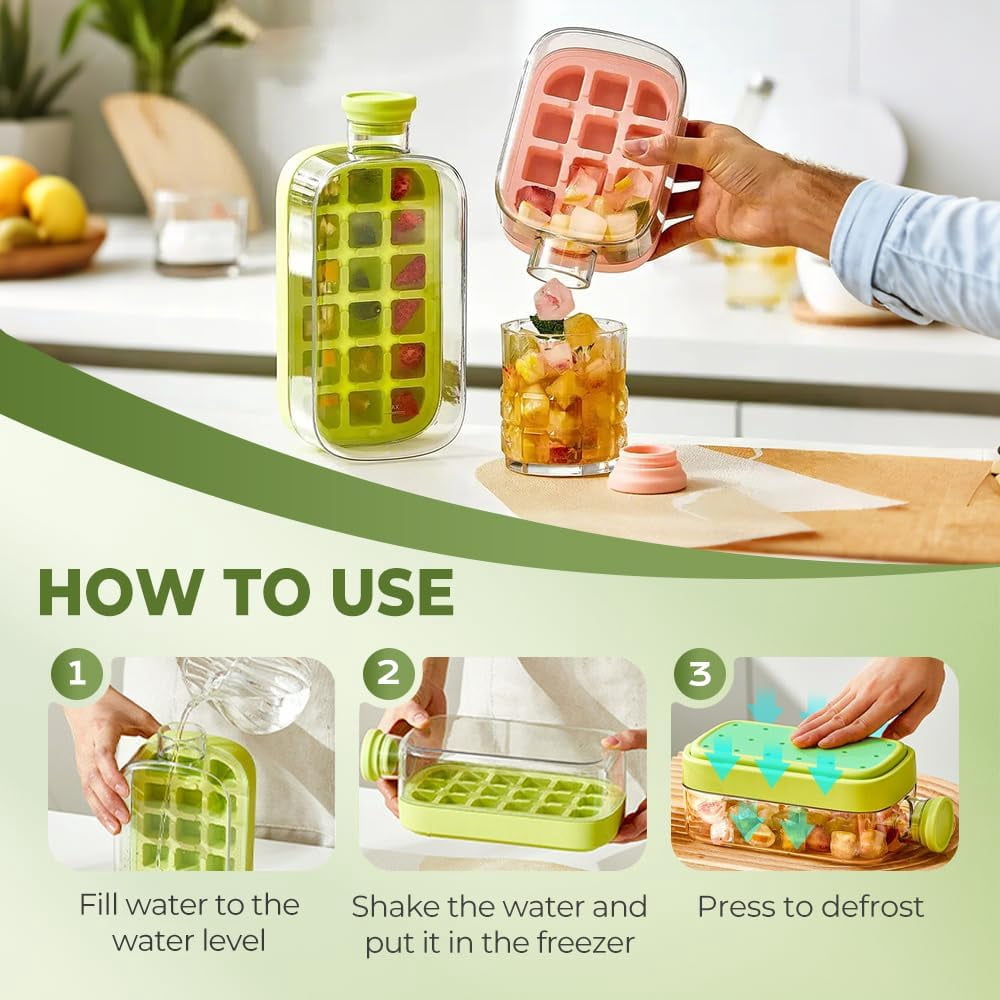 2-in-1 Ice Cube Bottle with Straw, Easy Press Ice Tray Water Bottle, Leak Proof Lid, Vertical Ice Maker for Freezer, Travel, Gym & Home Use (White, 800ml)