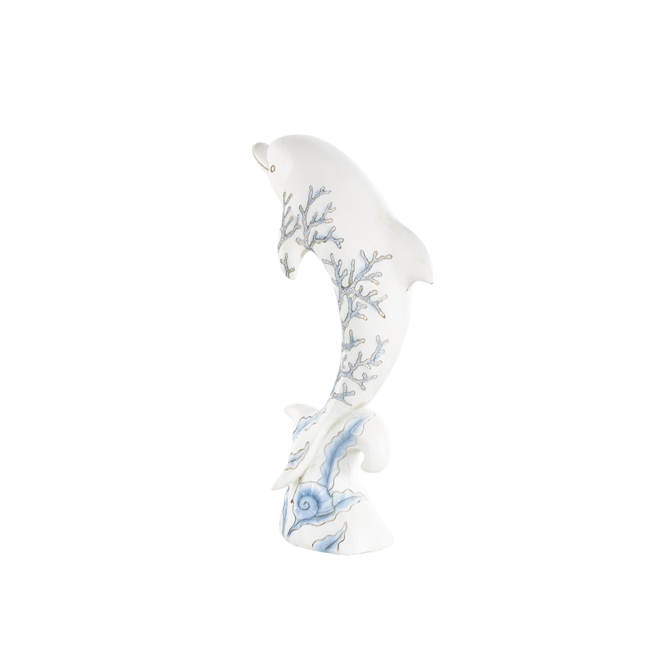 7" x 12" White Polystone Curved Dolphin Sculpture with Blue Coral Patterns, by DecMode