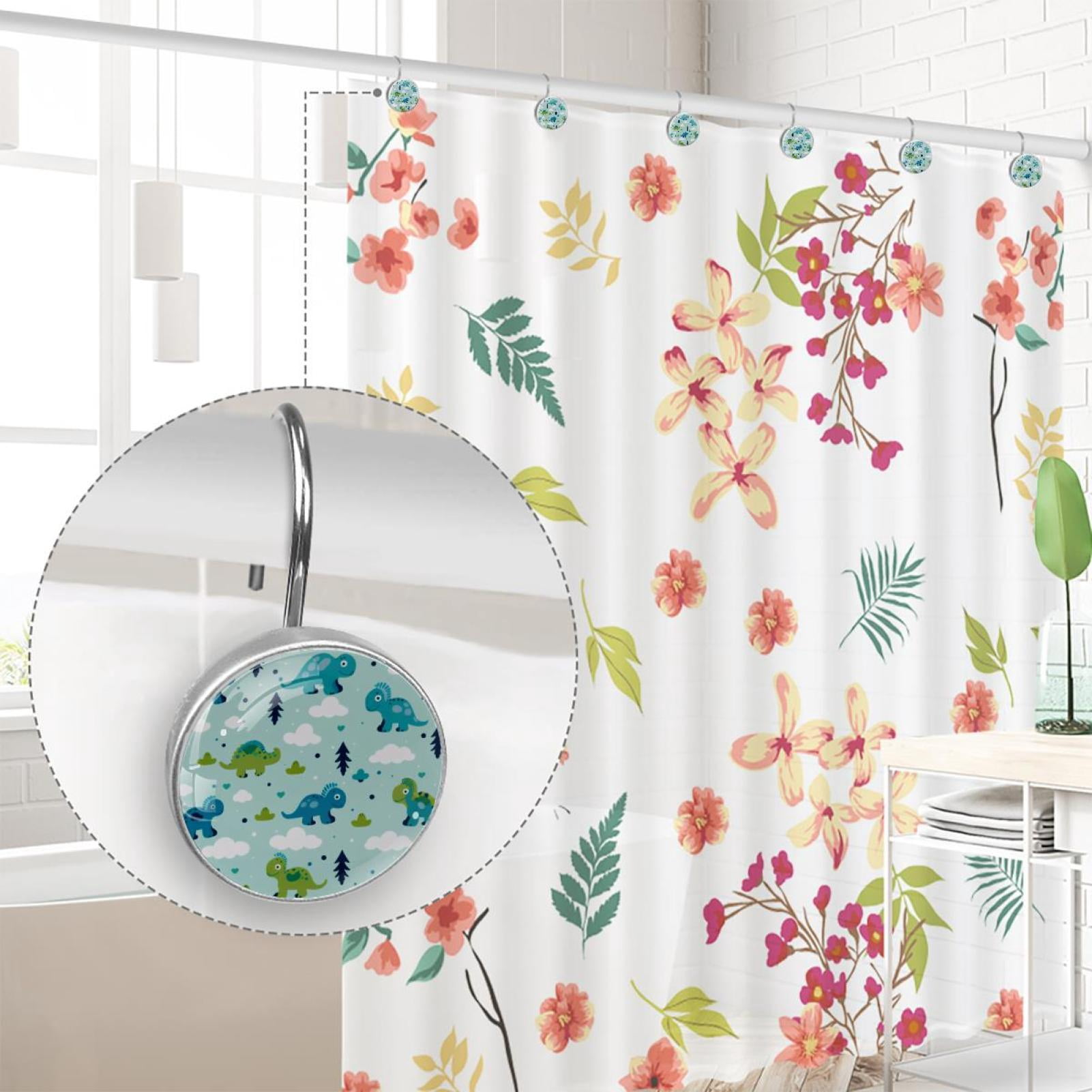 12pcs Decorative Shower Curtain Hooks, Rust Resistant Shower Rings for Bathroom Living Room,Rustproof Stainless Steel Rings for Shower Curtain and Liner Rods,Cartoon Dinosaurs Trees Blue
