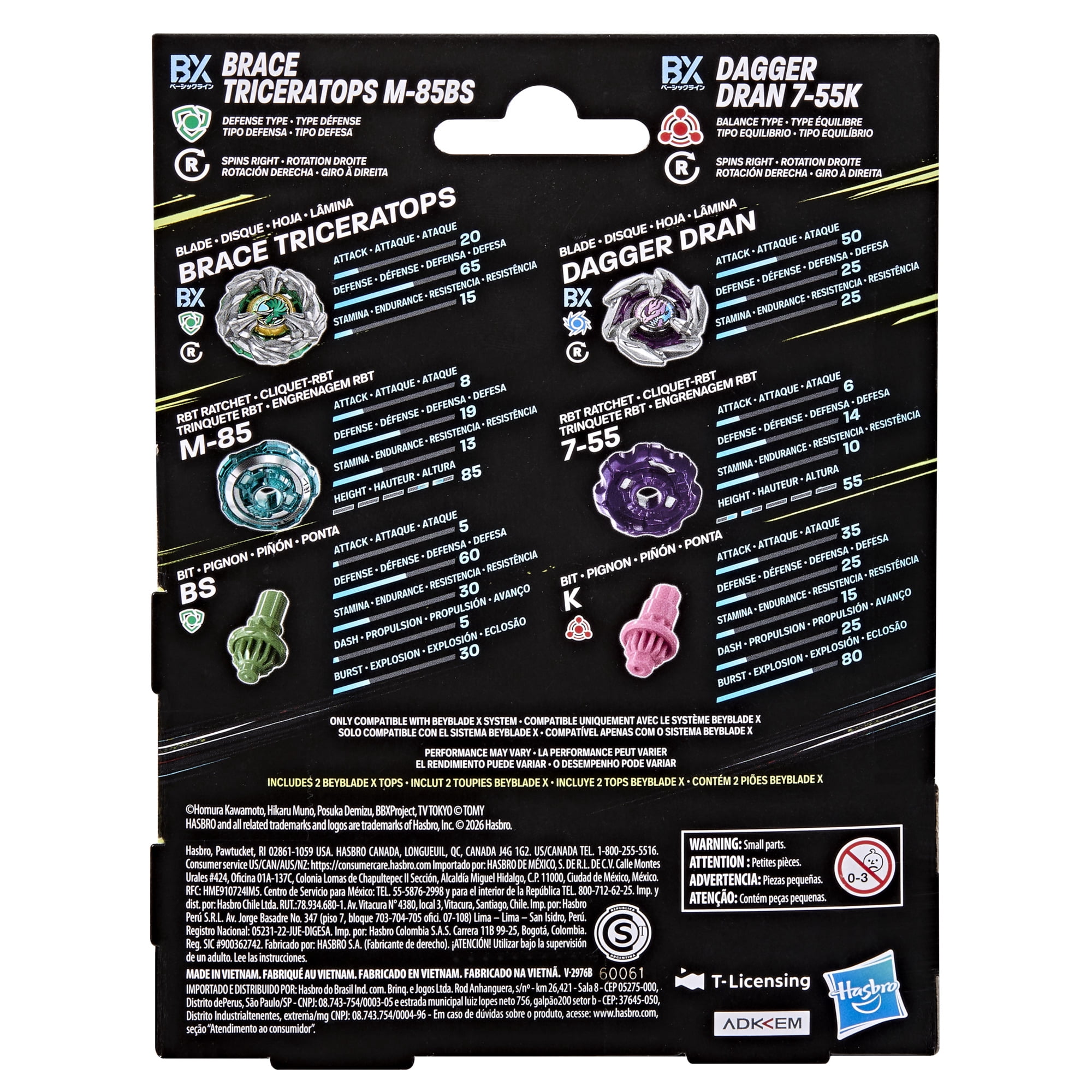 Beyblade X Brace Triceratops M-85BS BX & Dagger Dran 7-55K BX Dual Pack Set, Ages 8+