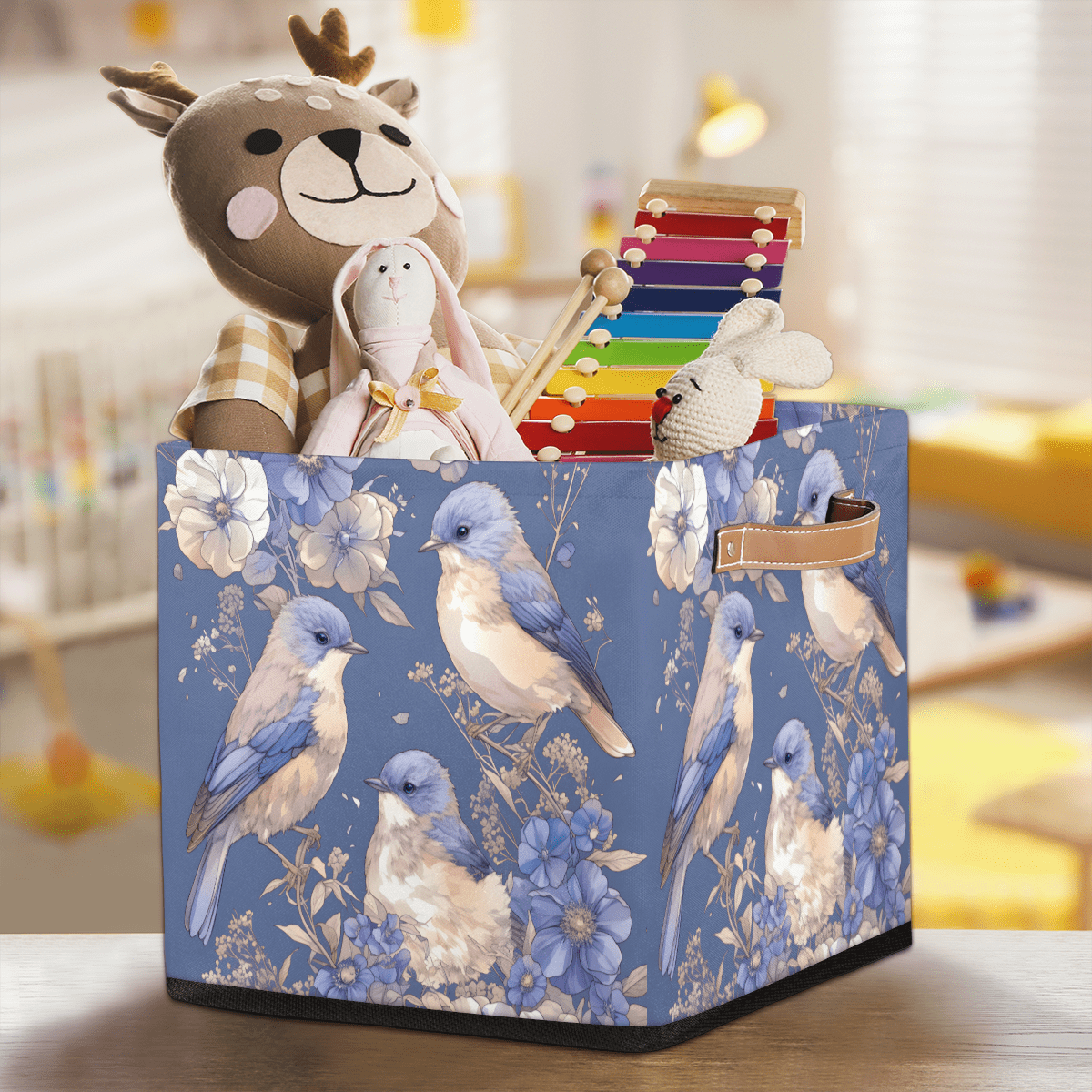 CURLYOOT Spring Birds Flower Cube Storage Bin, 13 x 13 x 13 Storage Cube Bins for Organizing, Fabric Foldable Closet Baskets with Handles for Closet, Shelves, Clothes
