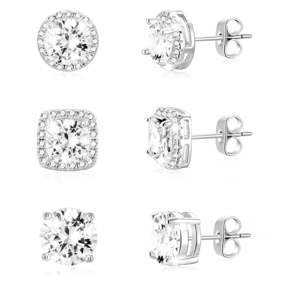LUNVKY 3 Pairs 18K White Gold Plated Halo Stud Earrings for Women Men CZ Hypoallergenic S925 Sterling Silver Post Earring Set Birthday Graduation Jewelry Gifts Mom Her Him Teen Wife Adult Ideas
