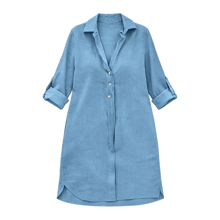 roll tab shirt dress Vbvc Women's Roll Tab Sleeve Shirt Dress,Ladies Button Front Collared V-Neck Tunic Dress,Summer Side Slit Beach Cover-Up For Women,Blue,S-3XL, Size: