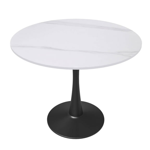 LeisureMod Round Dining Table Modern 35" Sintered Stone Tabletop with Steel Pedestal Base for Kitchen and Living Room Bristol Series in White