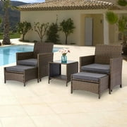 Kinbor 5Pcs Outdoor Wicker Set with Ottoman and Glass Side Table Grey Cushions