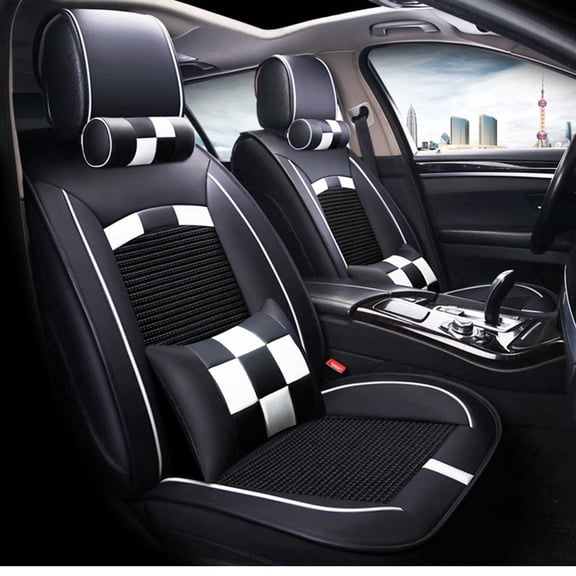 Maidao Car Seat Covers Leather Set Universal Airbag Compatible Waterproof Front Rear Cushion Protector Black and White