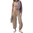 thumbnail image 2 of Pimfylm Women's 2 Piece Set Summer Outfits Lounge Sets Ruched Short Sleeve Tops High Waisted Wide Leg Pants Tracksuit Sets Khaki, XL, 2 of 9