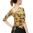 thumbnail image 2 of Half Sleeves Floral Print V Neck Ruched Drawstring Ladies Workout Dance Tops T Shirt Blouse, 2 of 5