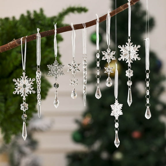 Christmas Tree Ornaments, 10pcs Crystal Snowflake Ornaments Christmas Hanging Decorations Acrylic Icicle Snowflake Drop Pendants Decors for Christmas Tree Winter Wonderland Party New Year Wall Window