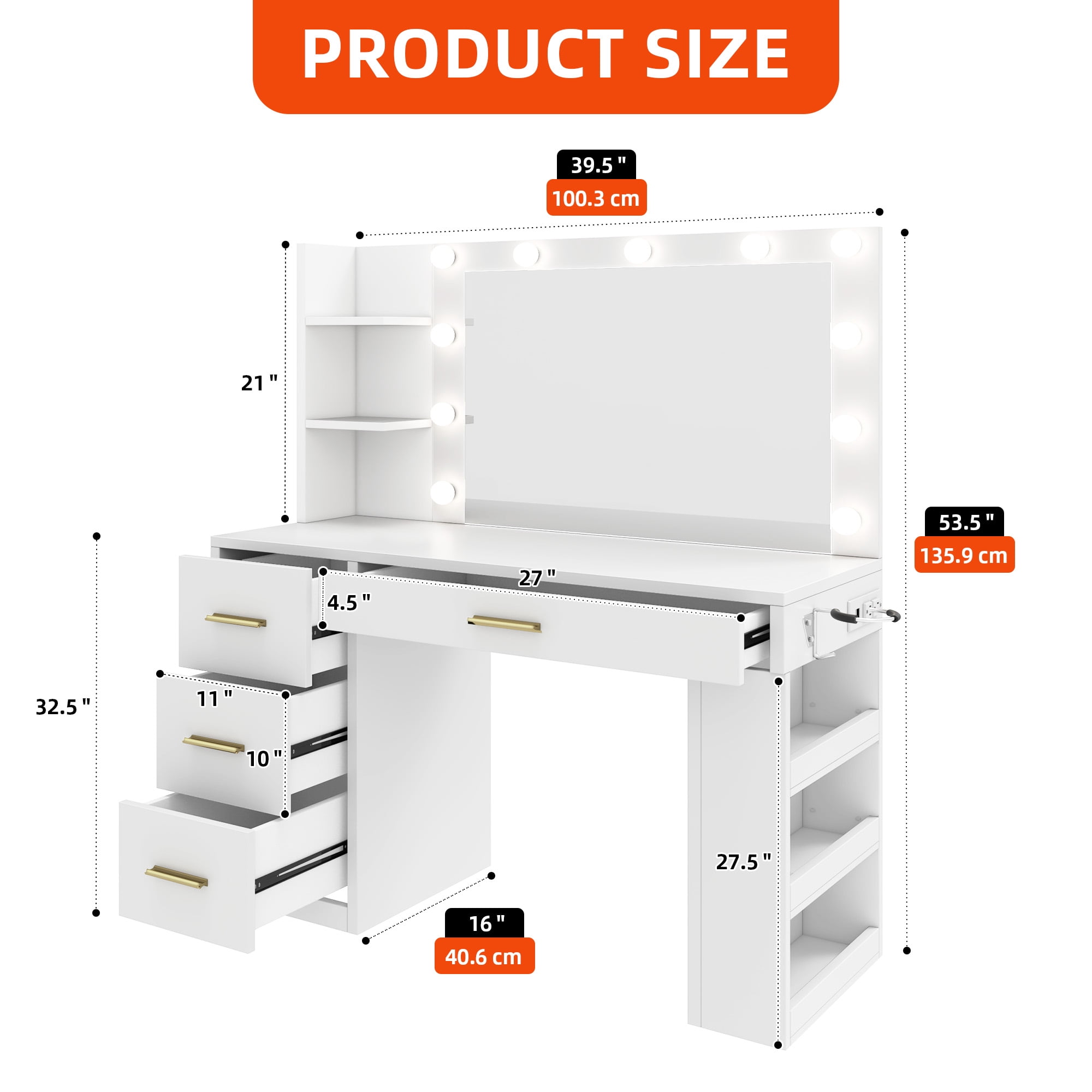 Uforic Adults' Makeup Vanity – Modern White Desk with 3-Color Lights, Storage Shelves, 4 Drawers & USB Charging Station