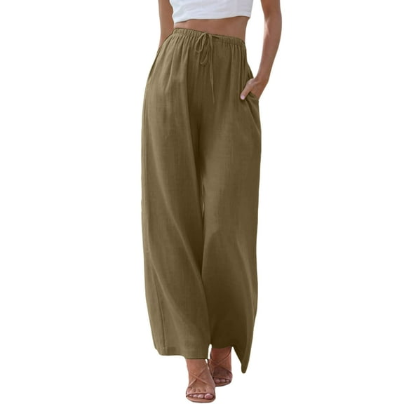 Summer Pants Women Women High Waisted Wide Leg Pants Fashion Drawstring Elastic Trousers Comfy Straight Leg Long With Pockets Harem Pant Casual Rompers for Long Pant Summer Cute Comfy Brown XXL