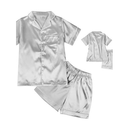 

Girls Boys Satin Pajamas Set Pjs Short Sleeve Kids 2 Piece Silk Sleepwear Nightwear Pajama Shirt Top+Shorts Set 4 Years - 10 Years