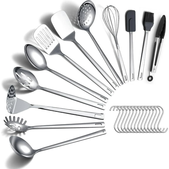 26-piece kitchen cooking utensil set, heavy-duty stainless steel kitchen tool set, with hooks, metal spatula and spoon set, ergonomic hanging handles, suitable for a variety of cooking tasks.
