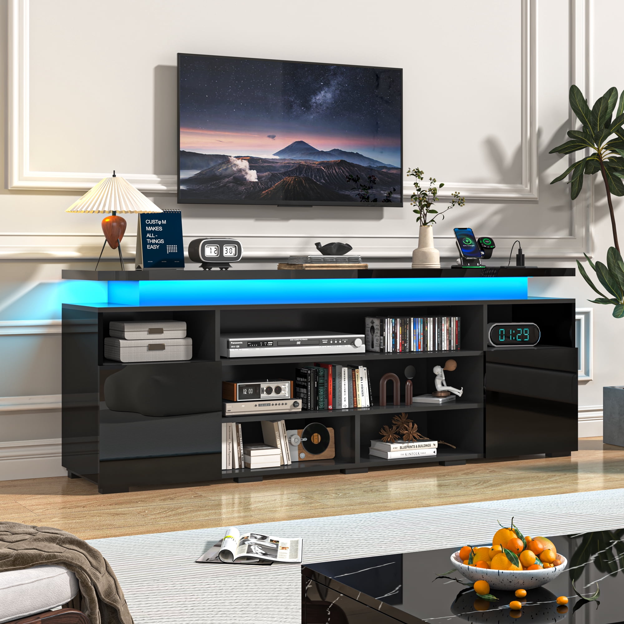 ANPOO LED TV Stand for TVs up to 80",Entertainment Center with Power Outlet,Modern Floating Gaming Media Console with Open Shelves and 2 Storage Cabinets,Black