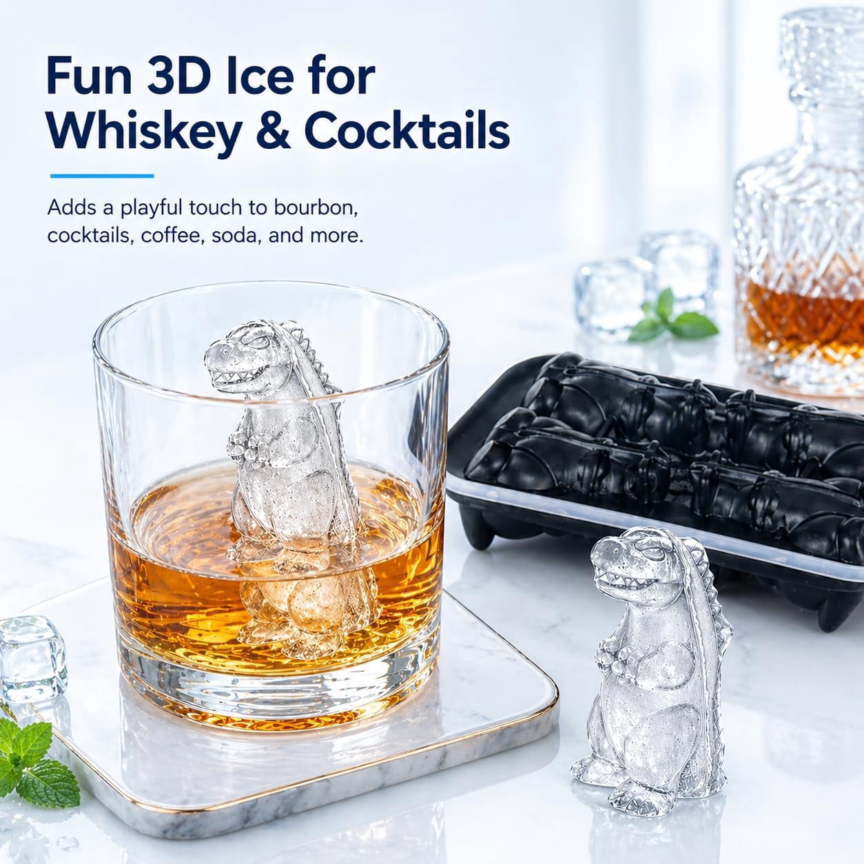 Dinosaur Ice Cube Tray Mold - 3D Dino Shape Ice Cube Trays, Cute Monster Ice Cube Molds for Whiskey Bourbon, 4-Hole Large Fun Shapes Ice Cube Trays with Lid, Funny Dinosaur Gifts for Lovers Women Men