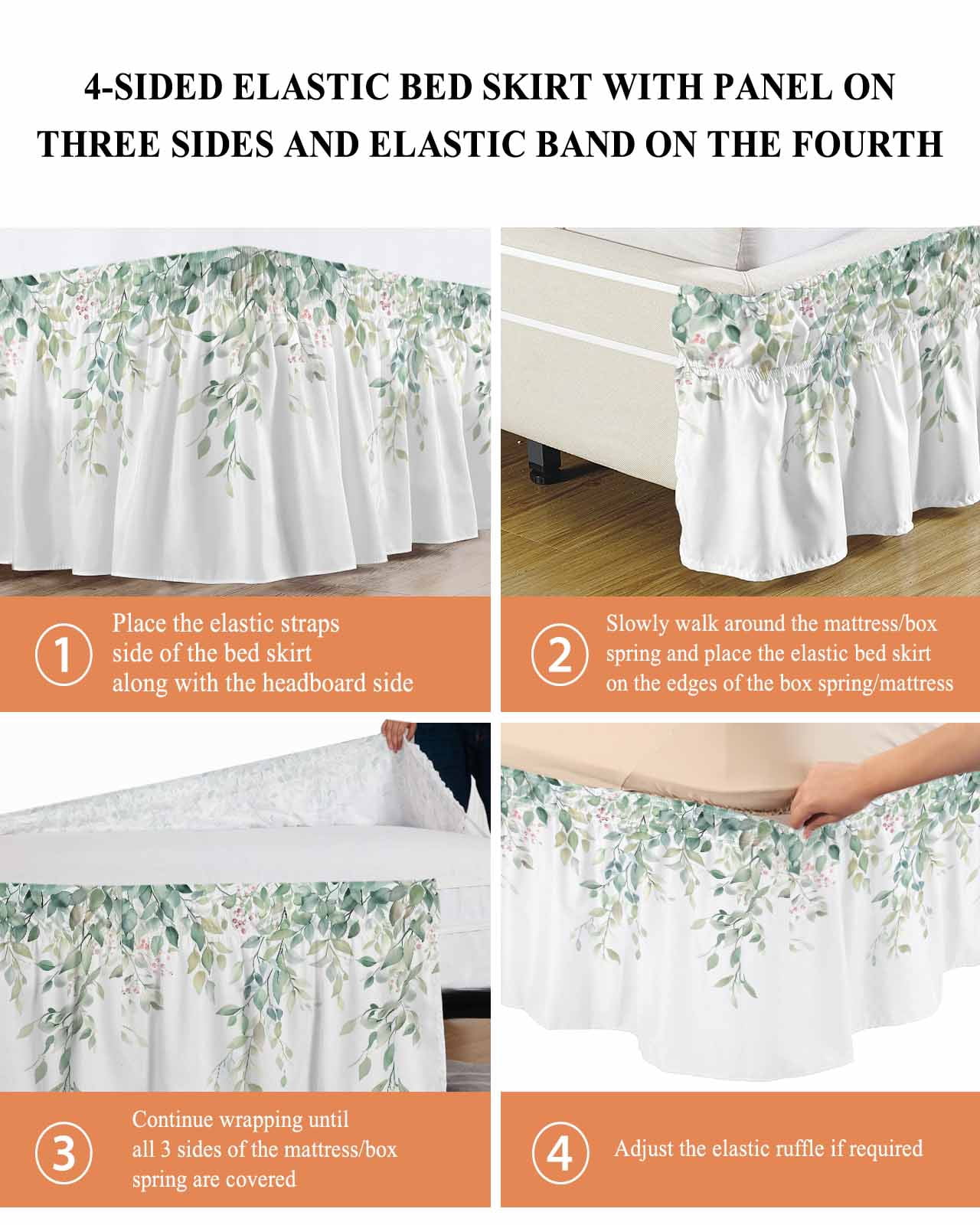 Eucalyptus Leaves Bed Skirt Queen Size, Sage Green Botanical Spring Summer Wrap Around Bed Skirting with Adjustable Elastic Strap, Dust Ruffle Pleated Bedskirts 16 Inch Drop for Bedroom Queen Beds