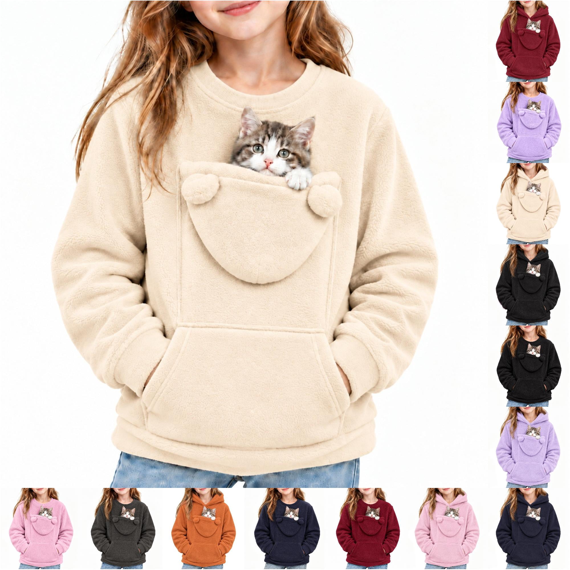 VBEWZET Pet Pocket Hoodie Kids Fleece Hoodie with Pouch Pocket Girls Long Sleeve Pullover Sweatshirt Casual Cozy Top B-Beige 11-12 Years