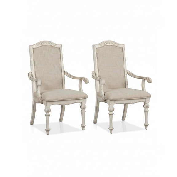Dining Arm Chairs Antique White Ivory Upholstered Seat Dining Room Set of 2pcs Chairs Solidwood