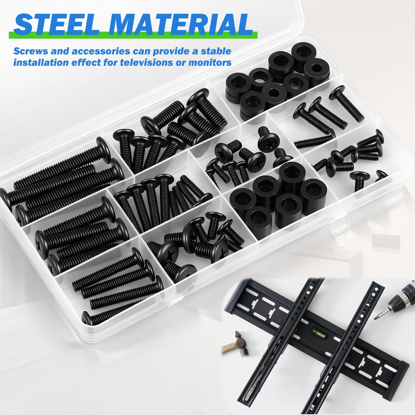 184Pcs Universal TV Mounting Hardware Screw Kit Set with Box - M4 M5 M6 M8 Metal Bolt Washer and Spacer Set for Most TV and Monitor