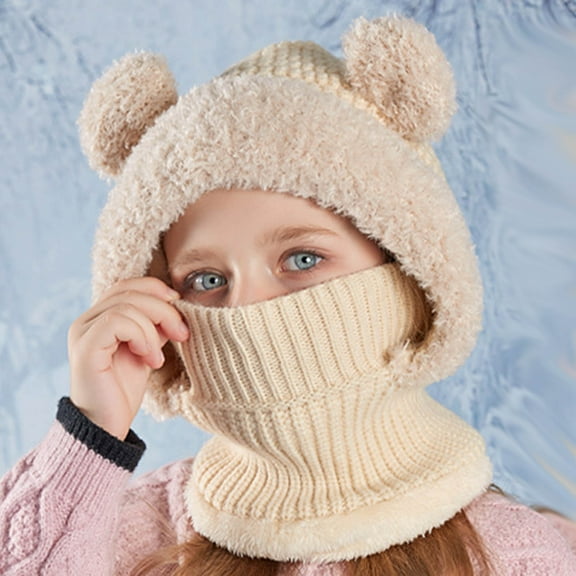 Eltusu Girls Beanie Hats, Knitting Cotton Stretch Thermal Soft Winter Hats Beige Size 6-13 T