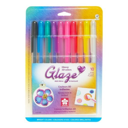 - Sakura 38370 10-Piece Blister Card Glaze Assorted Color 3-Dimensional Glossy Ink Pen Set, Bright