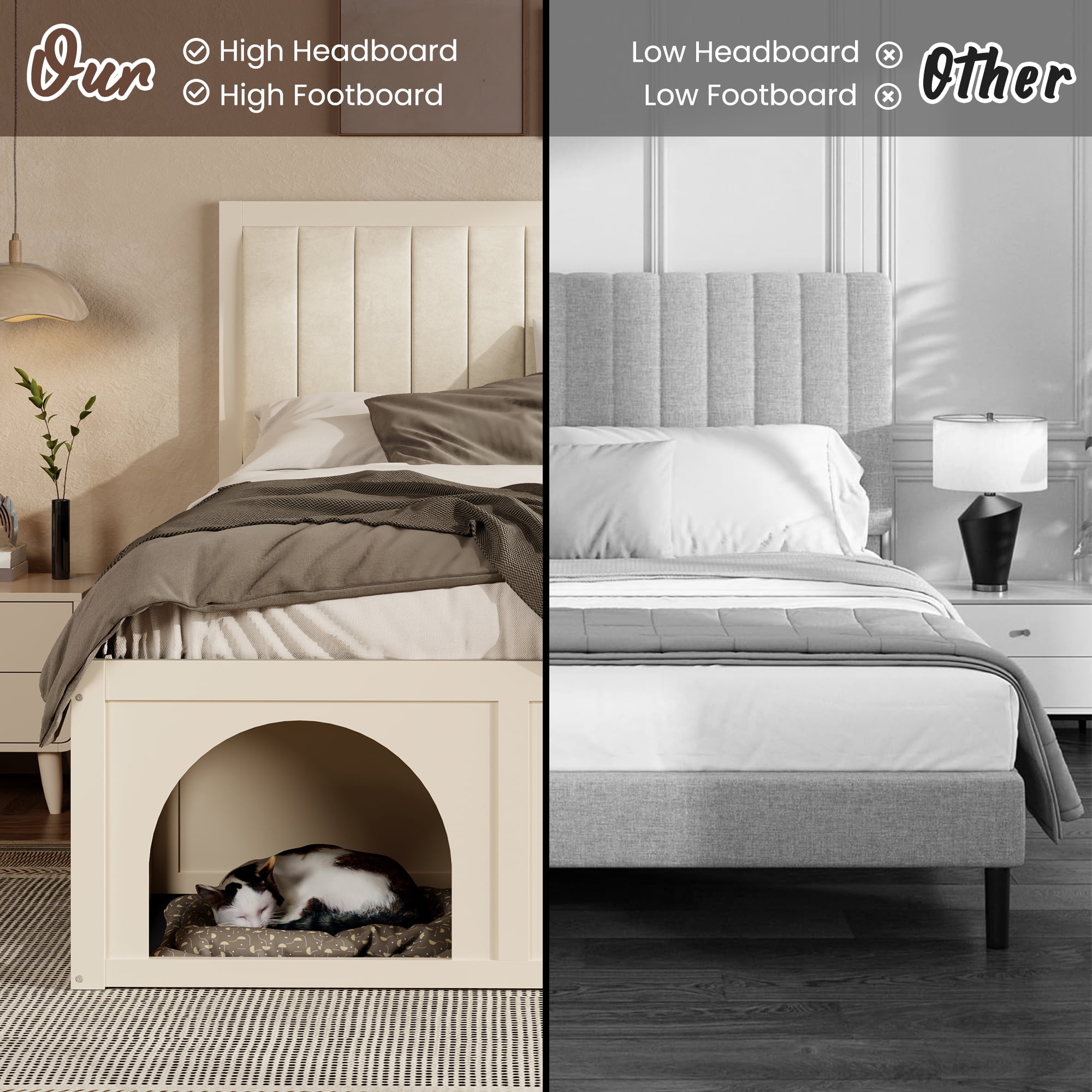 Mintazer Full Size Upholstered Platform Bed Frame with Under‑Bed Pet Nook, Channel Tufted Headboard Bed for Bedroom, Beige