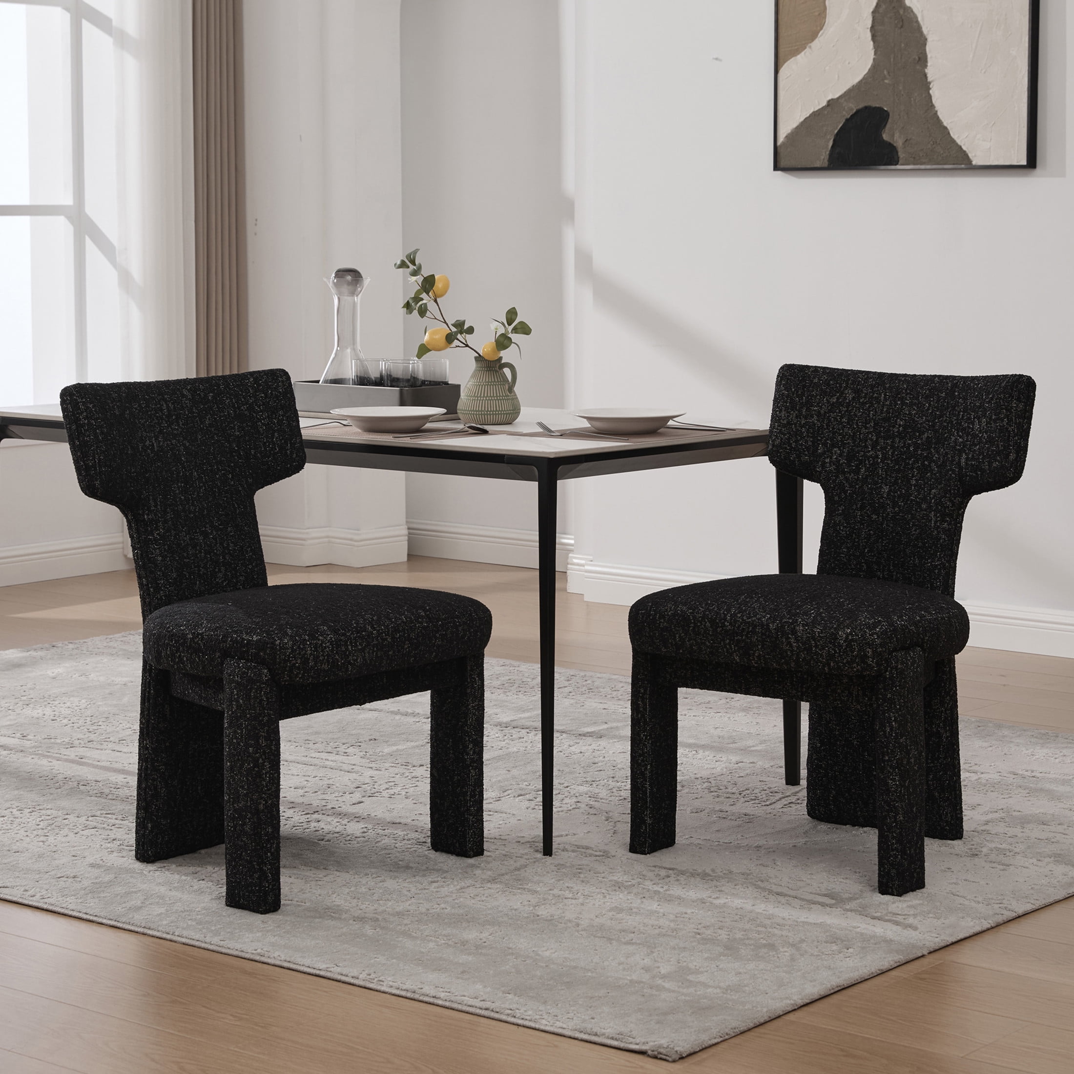 Noble House Morse 22" Chenille Dining Chair Set of 2, Armless Curved Back Accent Chairs with Rubberwood Legs, Black & Gray